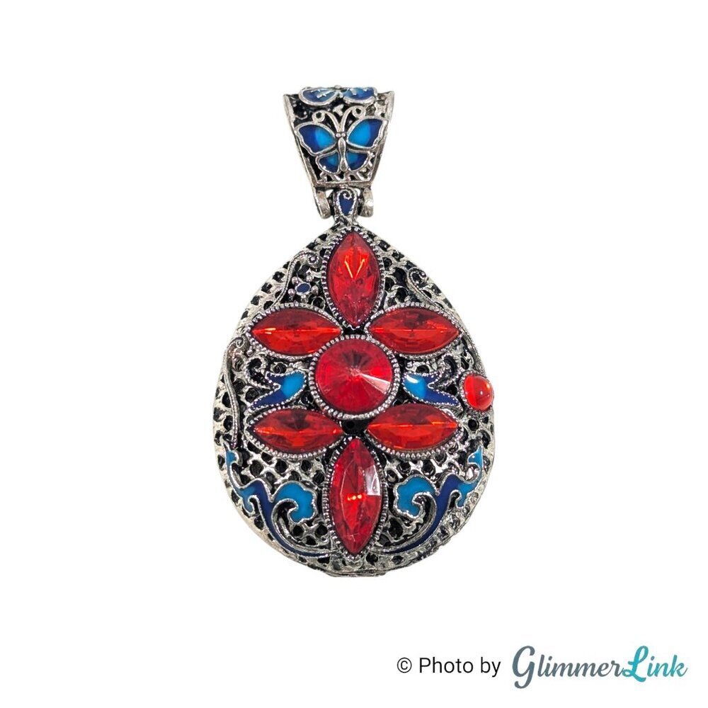 Chinese Cloisonne Blue Enamel Ornate Red Stones Teardrop  Silver Tone Pendant
